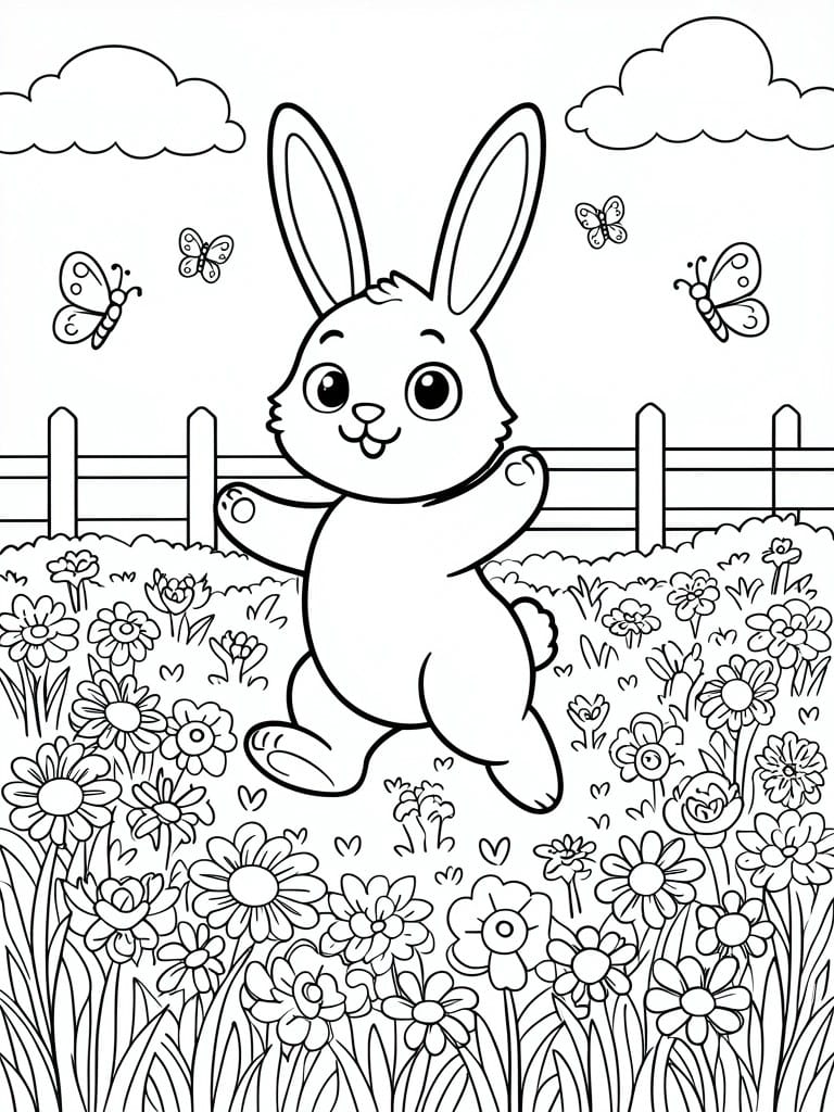 A black and white line drawing of a bunny jumping in a flower field with butterflies, a fence, and clouds overhead.
