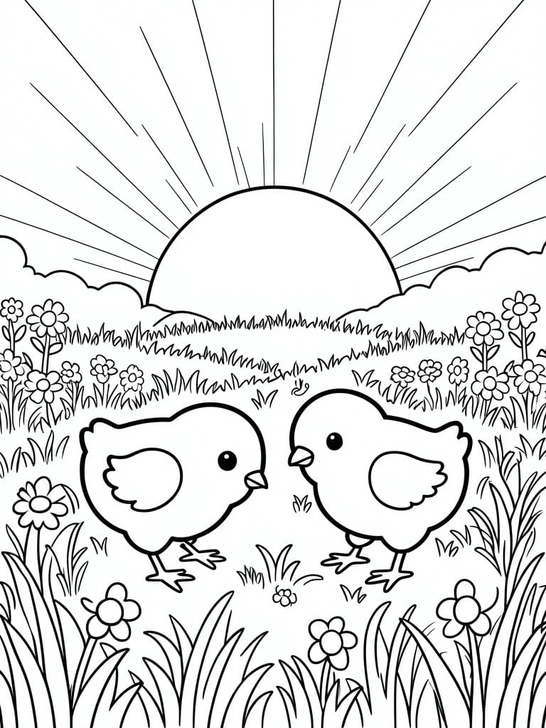 Two cartoon chicks face each other in a sunny meadow filled with flowers
