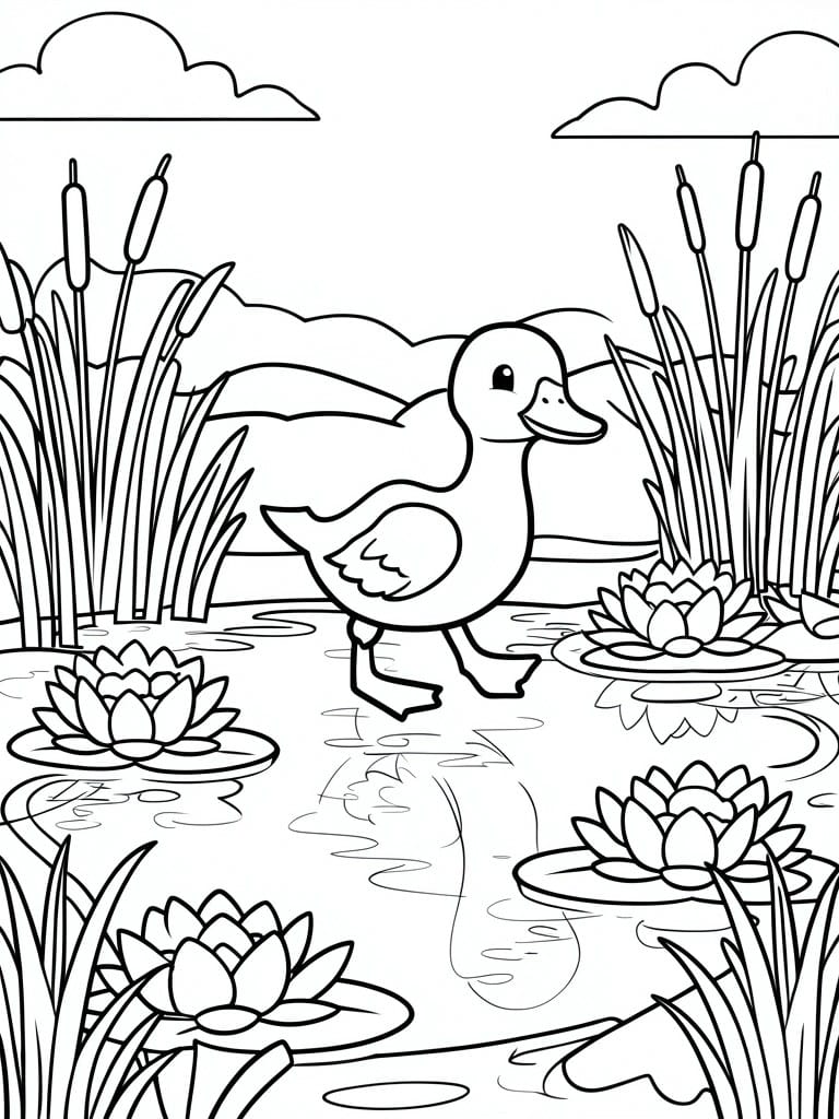Coloring page of duck wading among water lilies and reeds in pond