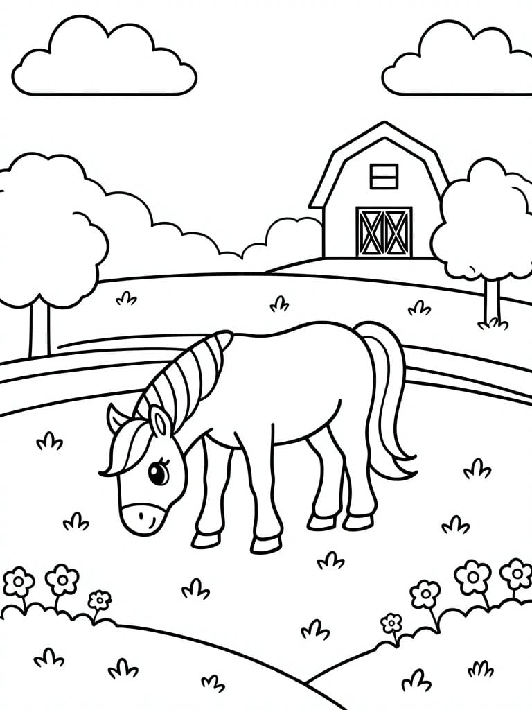 Coloring book illustration of a horse grazing in a farm field with barn and trees.