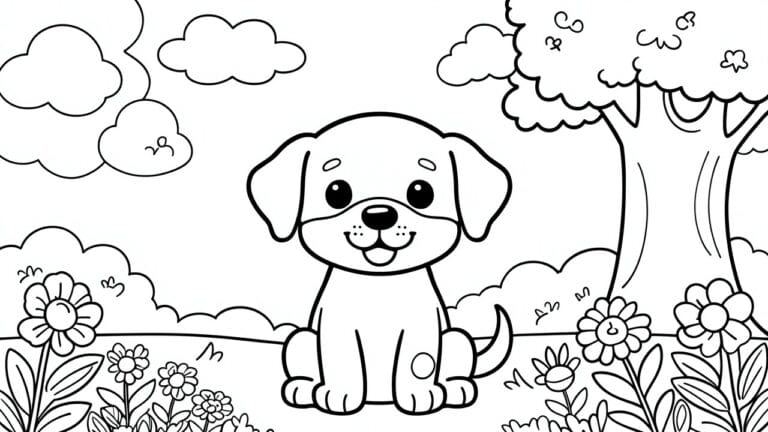 19 Simple Printable Animal Coloring Pages With Bold Outlines for Beginners Cartoon puppy sitting in a field of flowers beside a tree under clouds.
