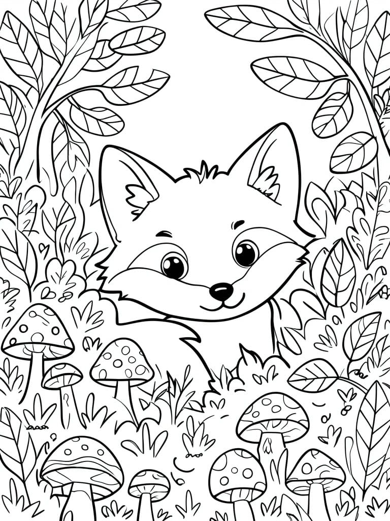 Line art of cute fox peeking amid spotted mushrooms and leafy forest bushes