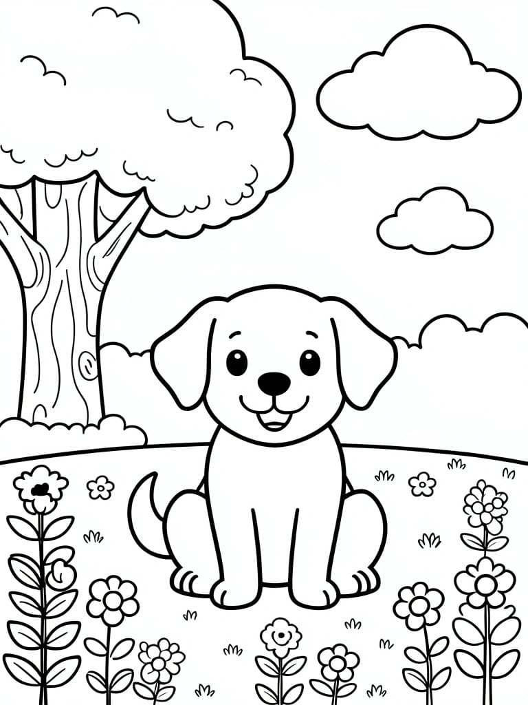 Cartoon puppy sitting in a field of flowers beside a tree under clouds.