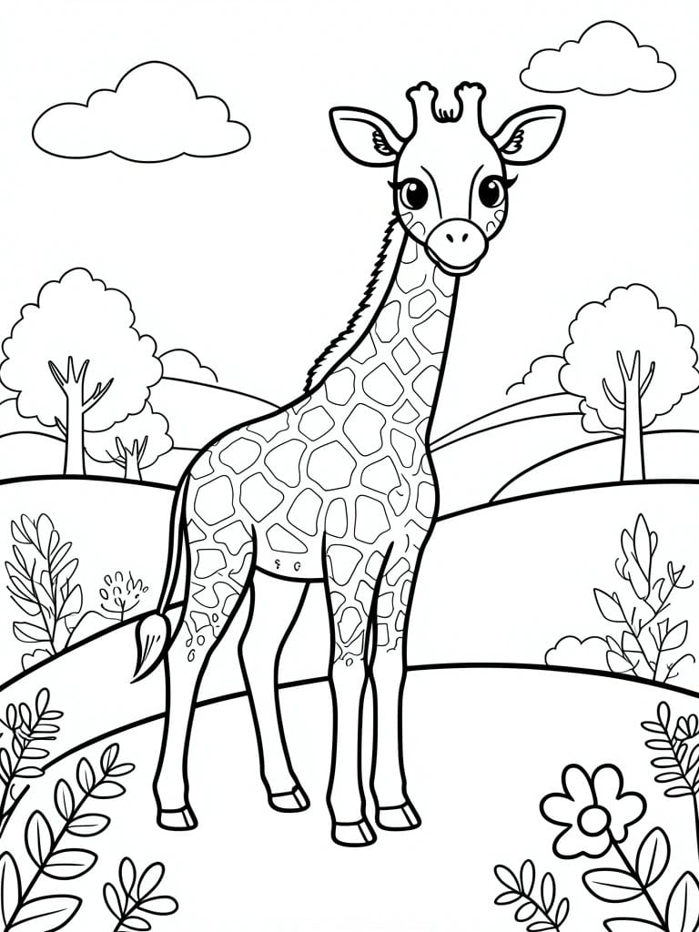 A black and white line drawing of a giraffe standing in a landscape with trees, hills, clouds, plants, and a flower.