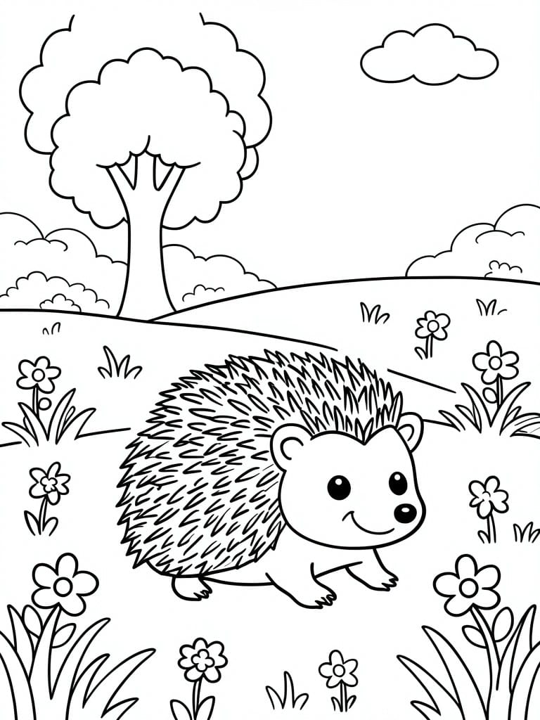 Cartoon hedgehog walking in a flower-filled meadow with tree and clouds.