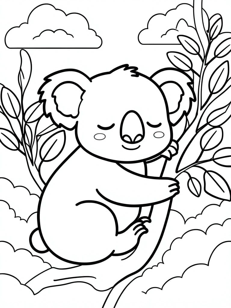 Cute cartoon koala hugging a tree branch with clouds and leaves around.