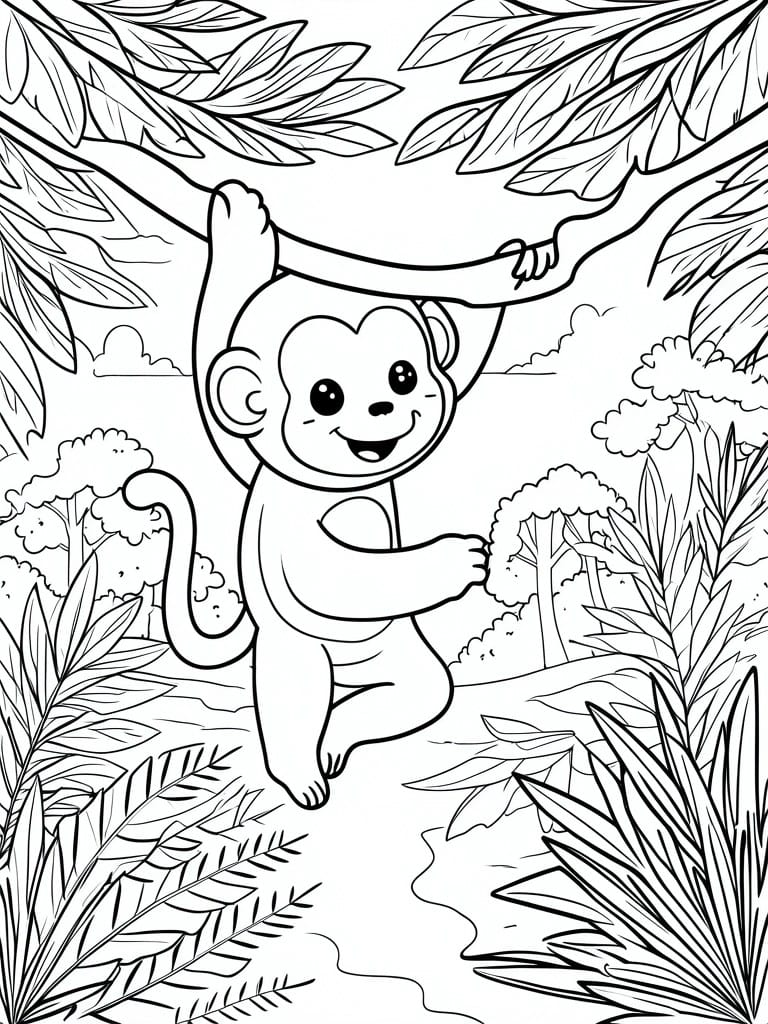 A black and white line drawing of a smiling monkey swinging from a tree branch in a jungle with leaves and trees around it.