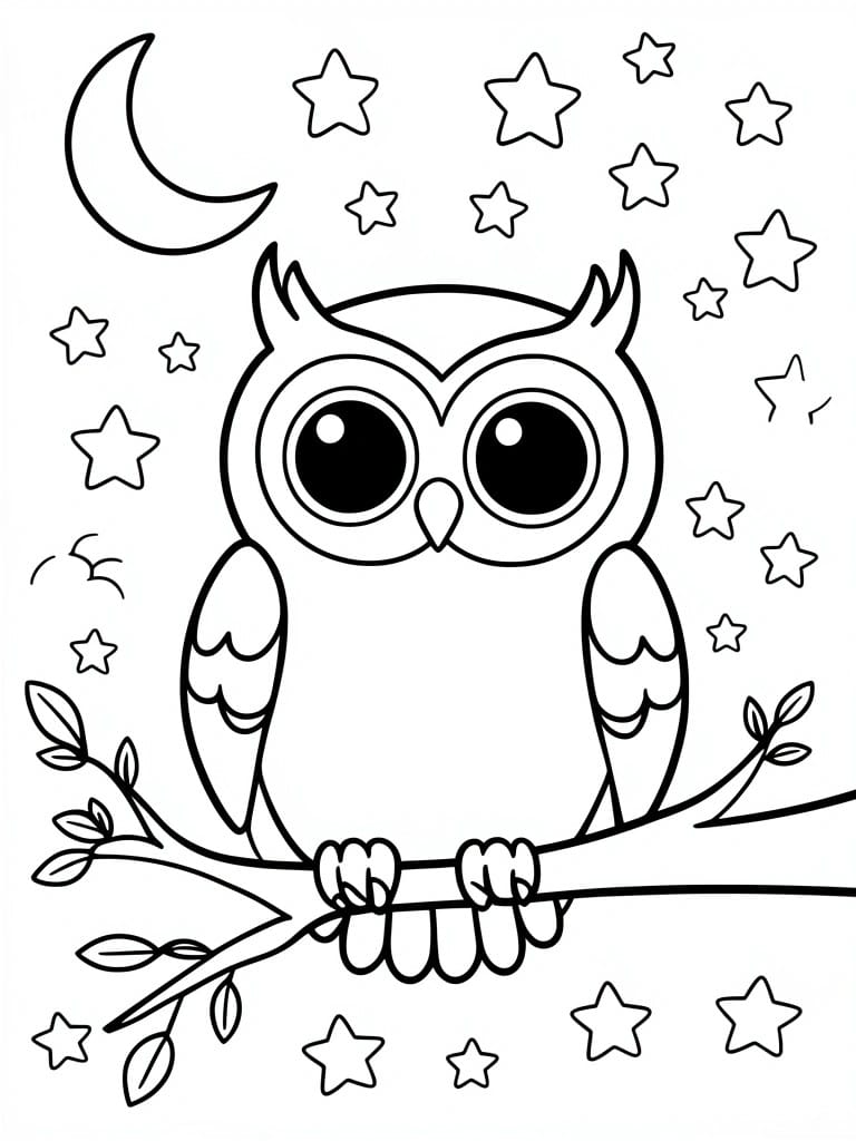 Cartoon owl perched on branch with crescent moon and scattered stars.