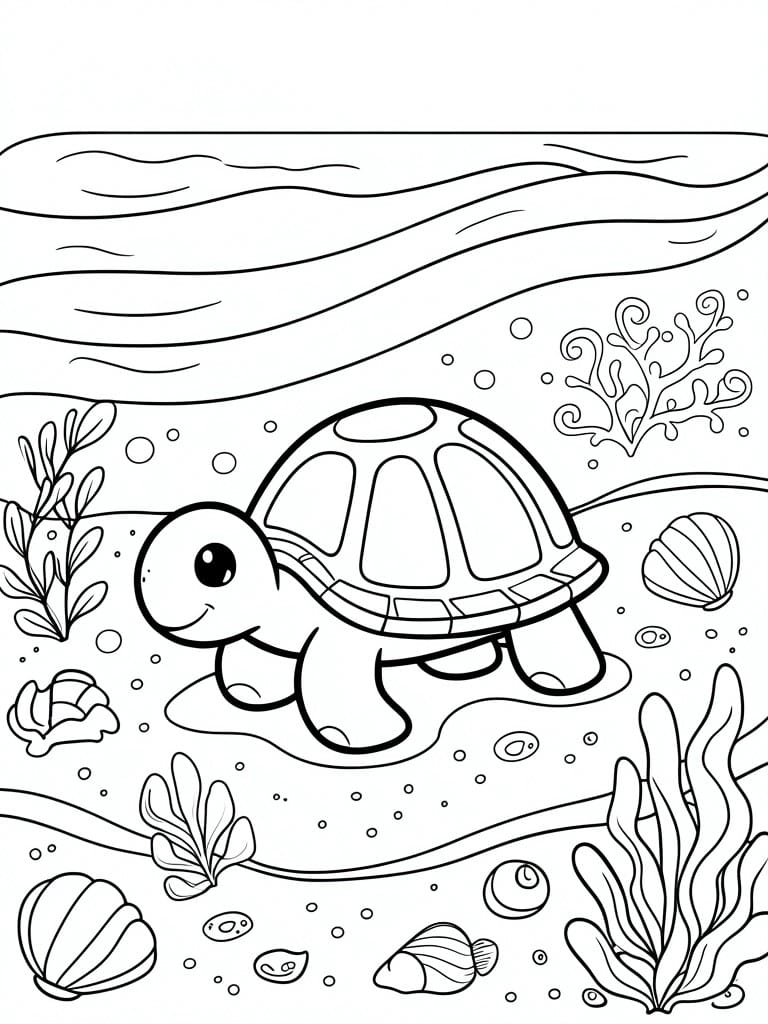 A black and white line drawing of a sea turtle swimming underwater with shells, seaweed, a fish, and bubbles around it.