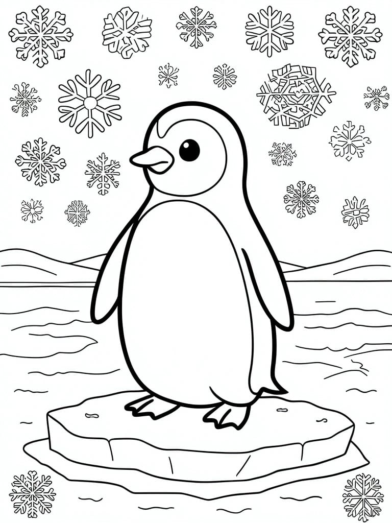 A coloring page shows a penguin standing on an iceberg with snowflakes in the sky and water lines around the ice.