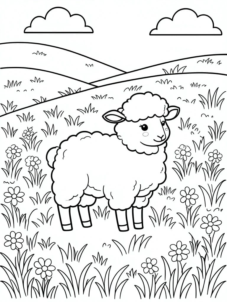 A cute cartoon sheep stands in a flower-filled meadow with hills and clouds.