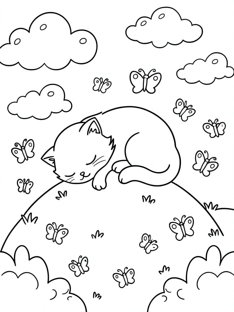 Sleeping cat curled amid butterflies and clouds on a coloring page