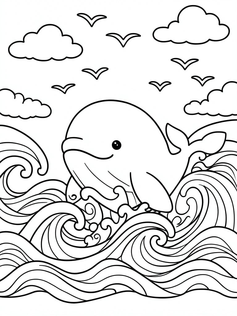 Line drawing of smiling whale leaping through swirling waves under clouds and birds
