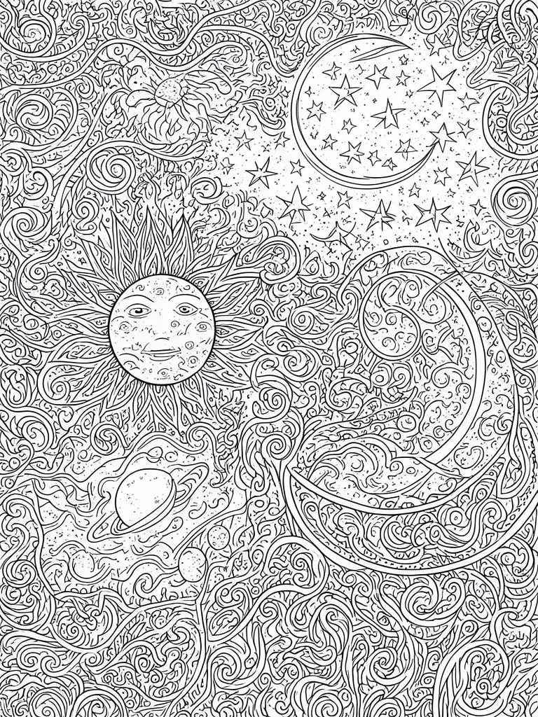 Detailed line drawing of sun, moon, stars, planets, and swirling designs in black and white.