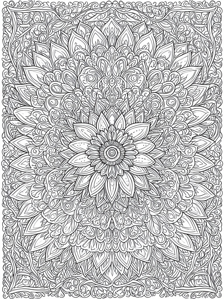 A black and white intricate mandala coloring page with a central flower surrounded by layered petals, leaves, and swirling patterns inside a decorative border.