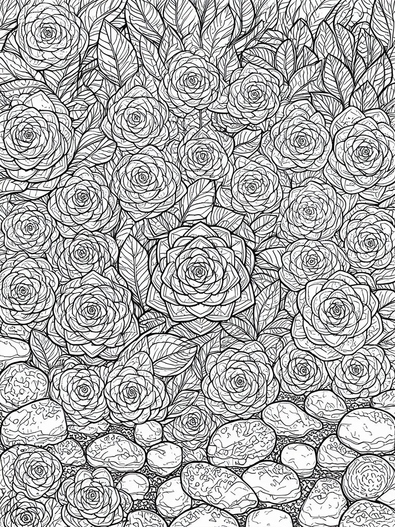 Black and white line drawing of many roses and leaves filling the page with stones along the bottom edge.