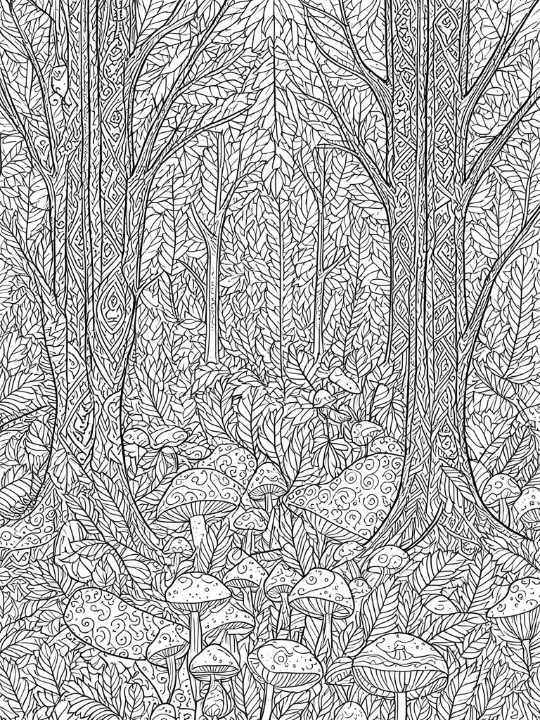 Detailed black-and-white line art of a dense forest with mushrooms and tall trees.
