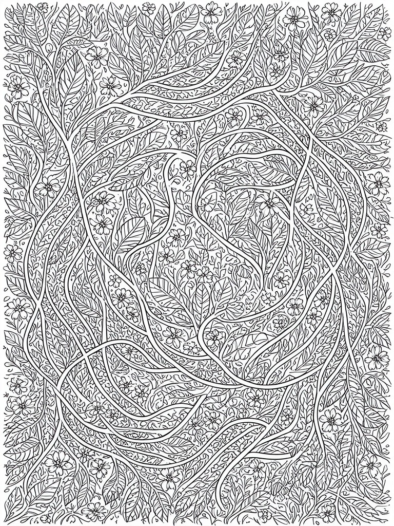 Intricate black and white line art of swirling vines, leaves, and flowers
