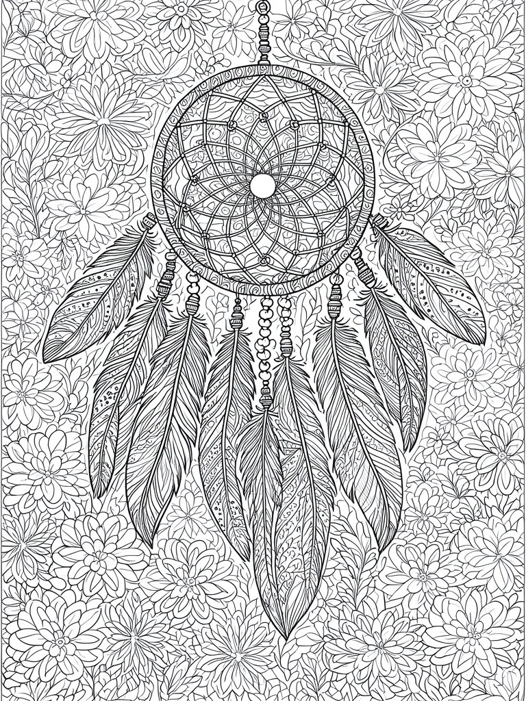 A black and white line drawing of a dreamcatcher with feathers and beads centered against a full background of flowers.
