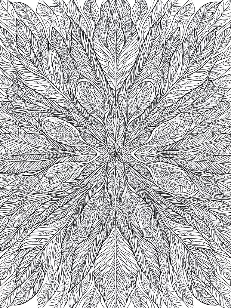 A black and white mandala coloring page composed of many detailed feathers arranged in a symmetrical radial pattern from the center.
