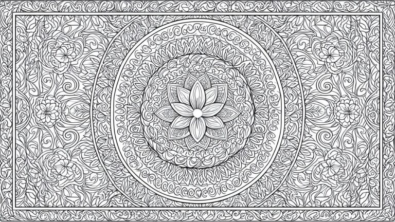 20 Creative Doodle Art Coloring Pages for Effortless Stress Relief A black and white intricate mandala coloring page with a central flower surrounded by layered petals, leaves, and swirling patterns inside a decorative border.