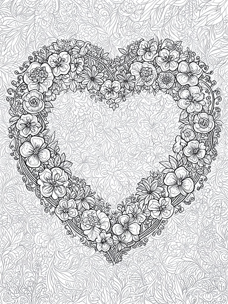 Intricate floral heart wreath with roses and blossoms on patterned background