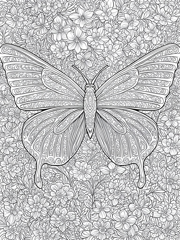 Detailed butterfly with ornate wings centered amid dense floral line art background.