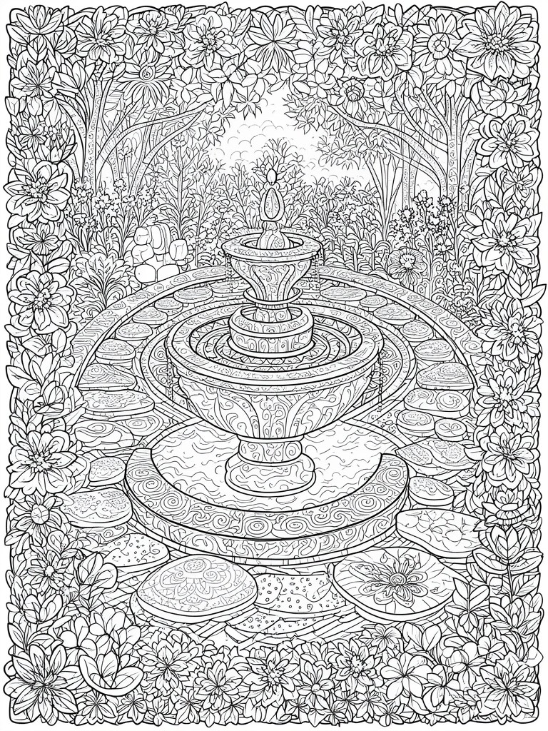 A black and white line drawing of a multi-tiered fountain in a garden with flowers, trees, and lily pads.
