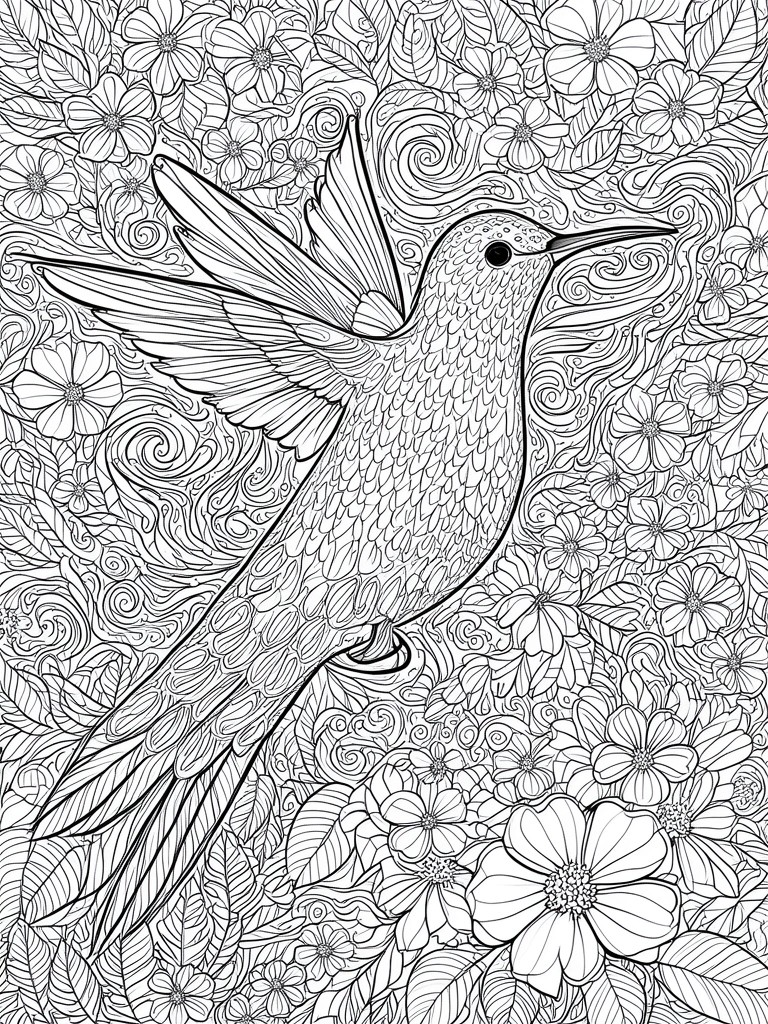 Black and white line art of hummingbird in flight amid dense flowers and leaves.