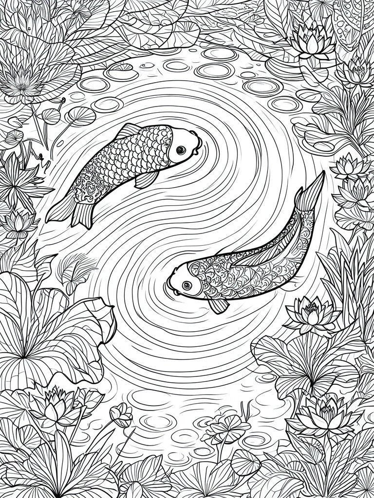 A black and white coloring page shows two koi fish with patterned scales swimming in opposite directions inside a pond ringed by lotus flowers and lily pads.