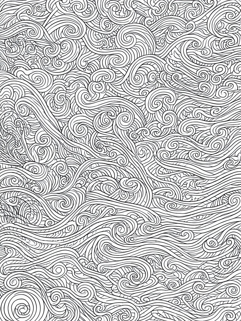 A black and white coloring page covered in dense overlapping swirls and wave-like curves formed by continuous lines.
