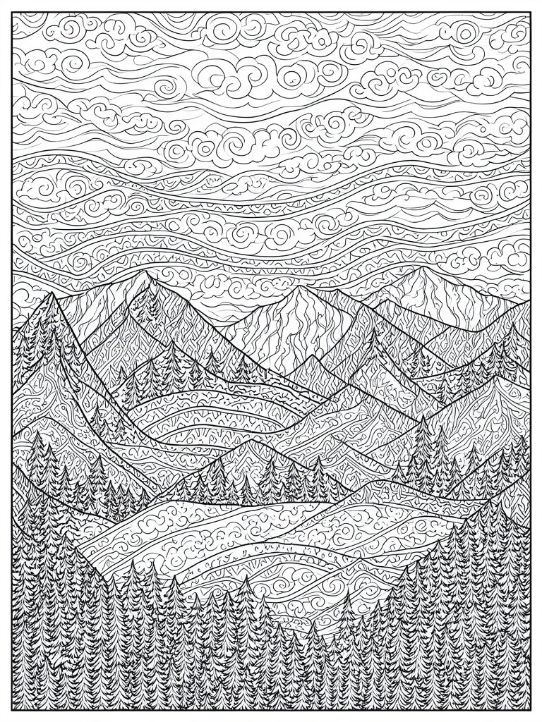 Intricate black-and-white line art of mountains, forests, and swirling clouds.