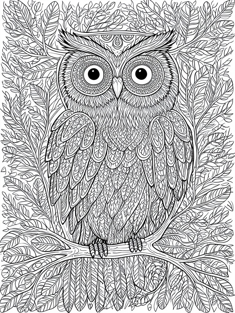 A black and white coloring page of a large-eyed owl perched on a branch with leaves filling the space around it.