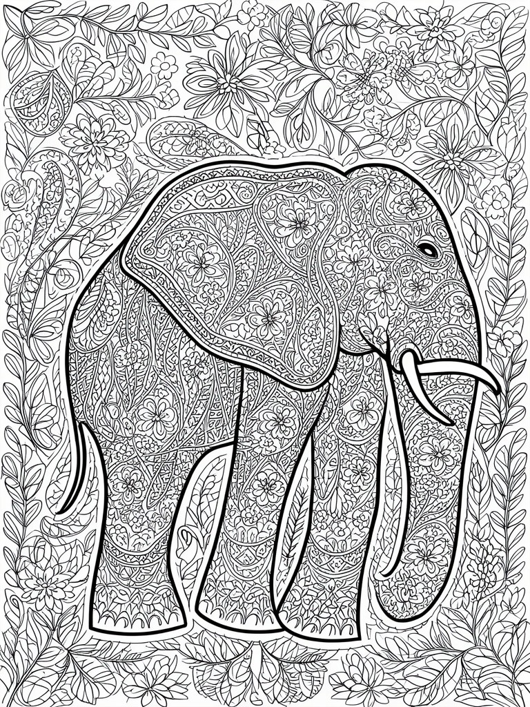 A black and white coloring page featuring a large elephant filled with floral and paisley patterns, surrounded by dense leaves and flowers.