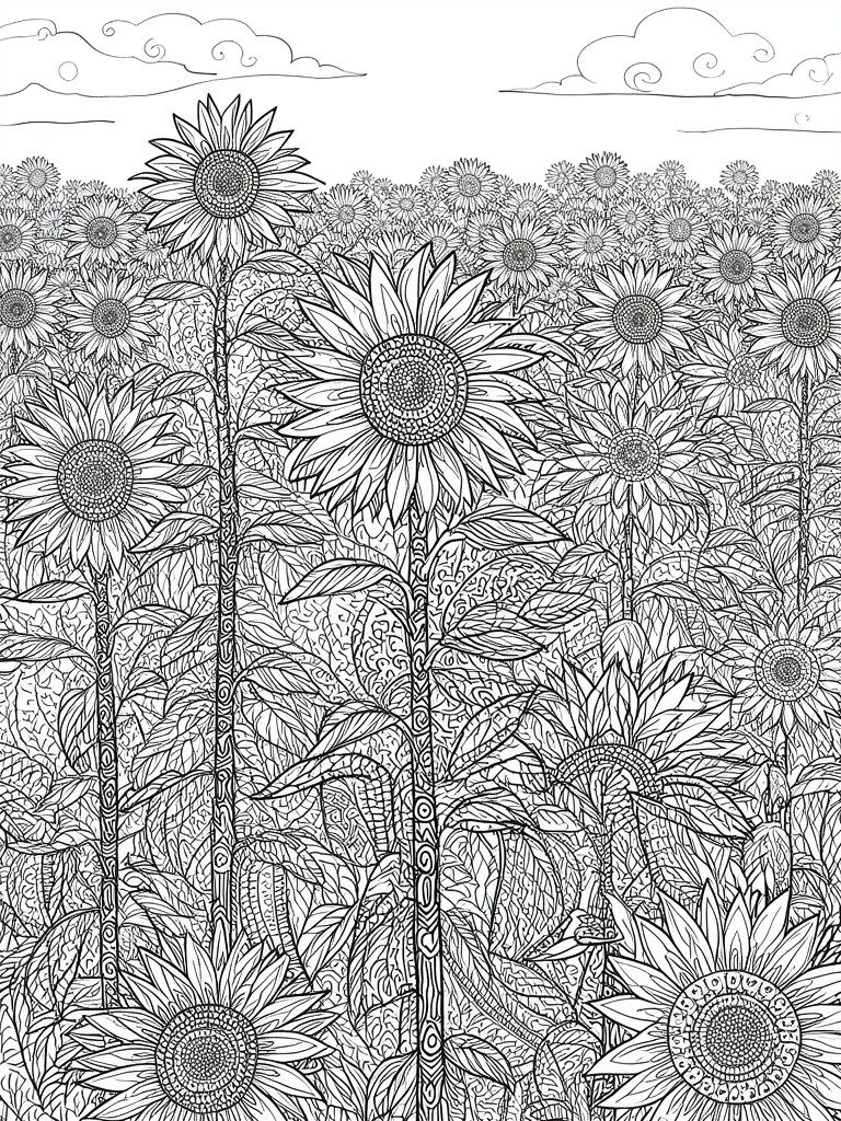 A black and white line drawing of many sunflowers in a field with detailed stems, leaves, and clouds in the sky.