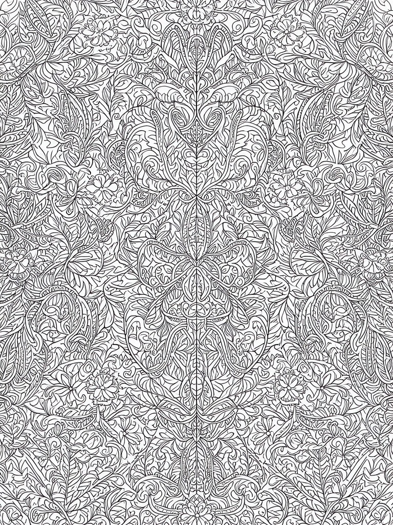 A black and white coloring page filled with a dense symmetrical pattern of flowers, leaves, and vines.