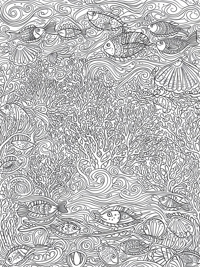 A black and white doodle coloring page filled with various fish, coral reefs, seashells, and swirling water patterns.