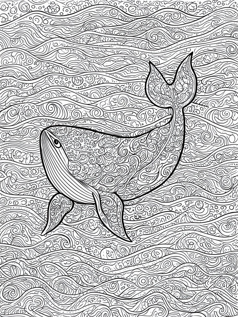 A black and white coloring page shows a whale swimming through ocean waves filled with intricate swirl and circle patterns.