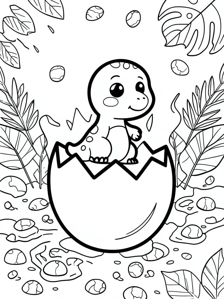 A black and white line drawing of a baby dinosaur hatching from a large cracked egg with leaves and stones around it.
