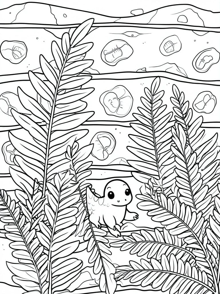 Coloring page of cute baby dinosaur among underwater ferns and rocks.