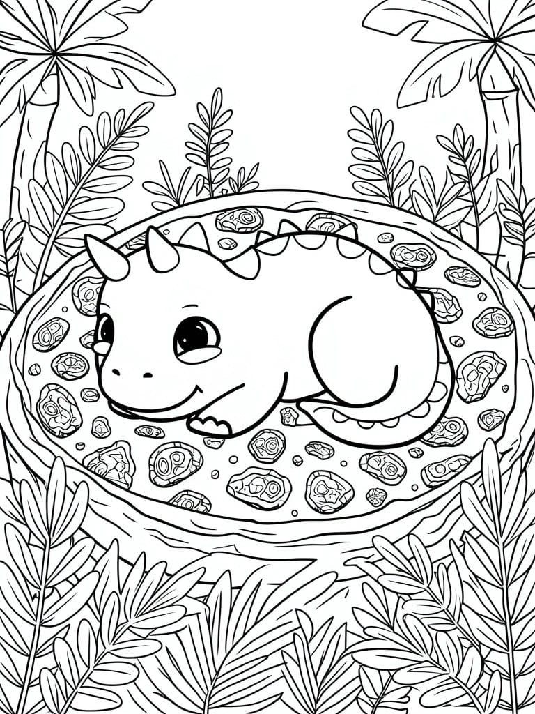 Cute cartoon dinosaur curled in a log nest amid jungle foliage and leaves