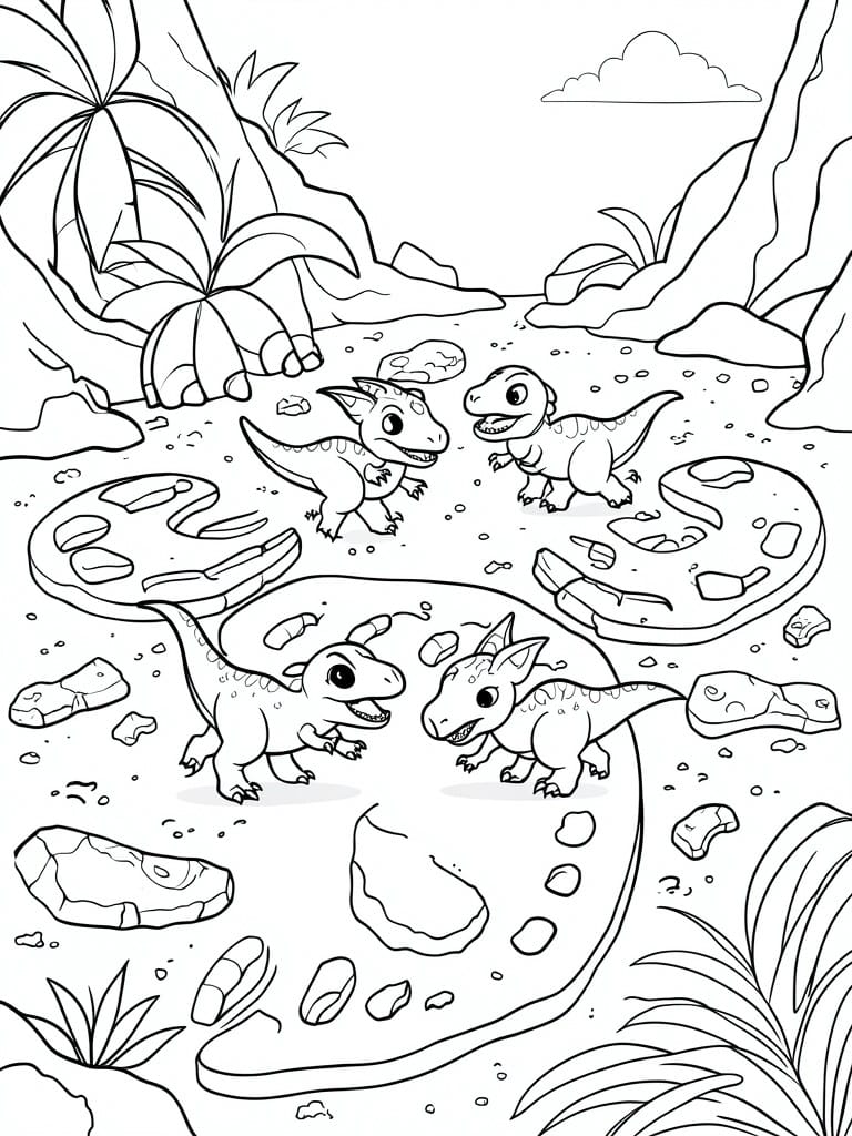 A black and white coloring page shows four small cartoon dinosaurs standing among large dinosaur footprints with rocks and plants in the background.
