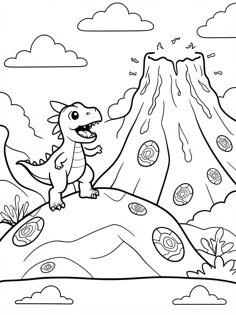 Line drawing of a cartoon dinosaur on rocky ground with an erupting volcano behind it and circular fossil patterns on the stones.