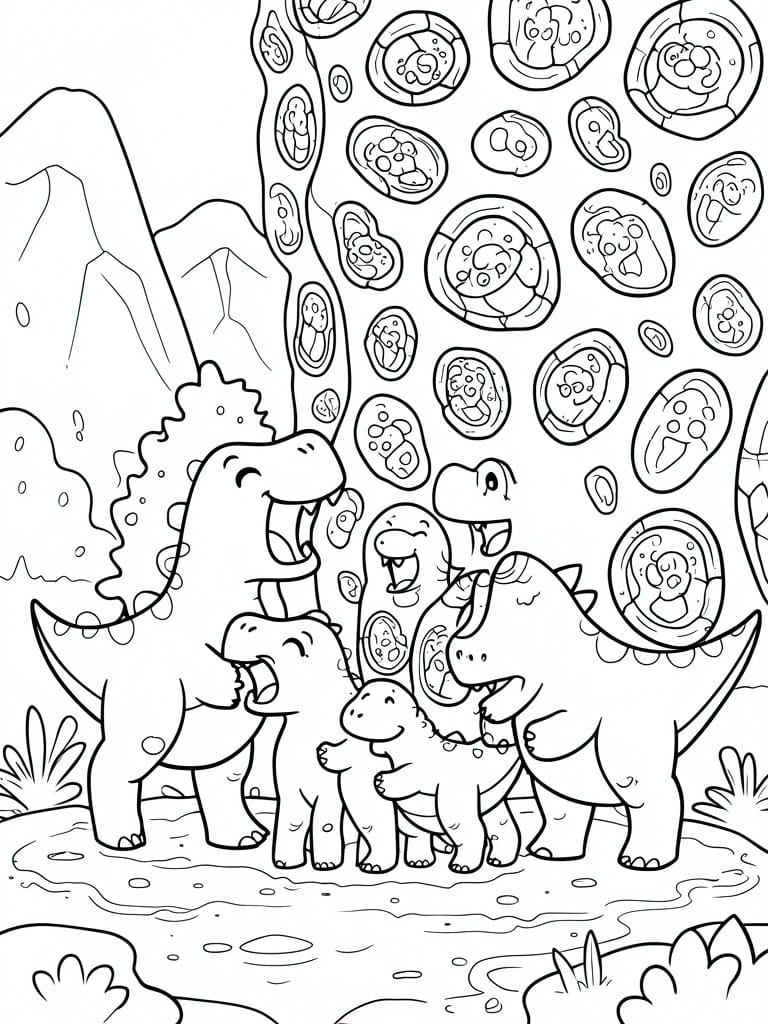 A black and white coloring page of five cute dinosaurs standing together near rocks with many floating circular fossil shapes above them.