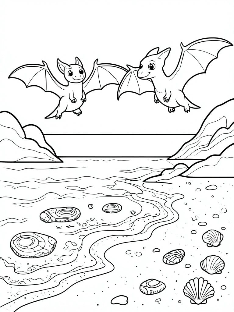 Two cartoon dragons flying above a beach with shells, rocks and waves.