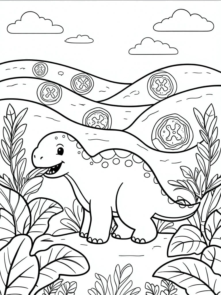 A black and white line drawing of a smiling sauropod dinosaur standing among plants with hills and circular patterns in the background.