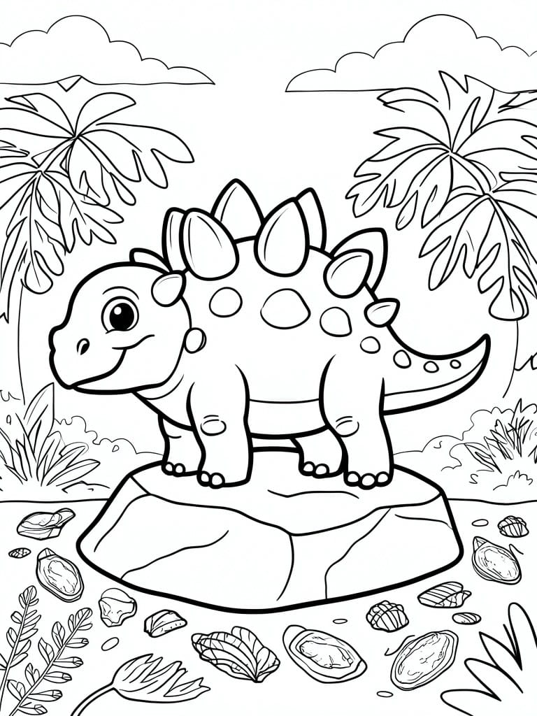 Cartoon stegosaurus on rock amid palm trees, plants, and scattered stones in jungle setting.