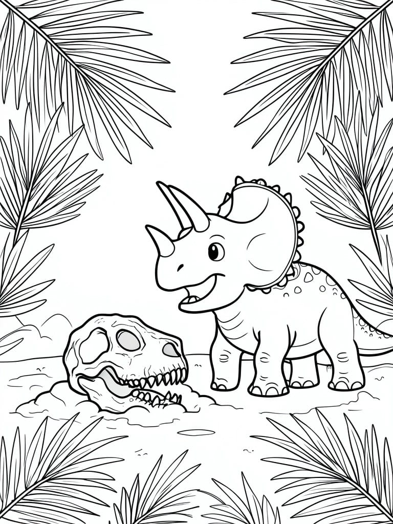 Cartoon triceratops dinosaur beside a skull amid tropical palm leaves