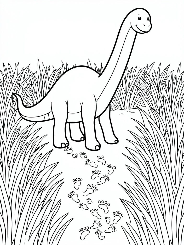 A line drawing of a smiling long-necked dinosaur standing in grass with a trail of footprints leading away from it.