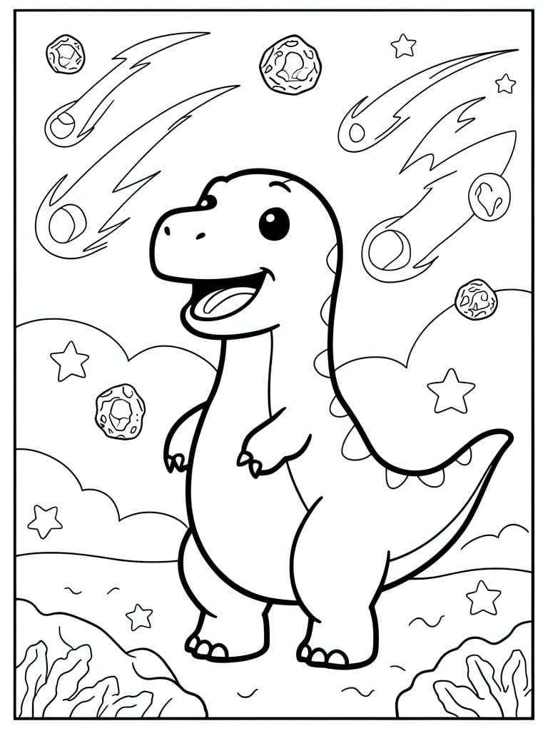A line drawing of a cartoon dinosaur standing on a simple landscape with comets, stars, and rocky shapes scattered in the sky above.